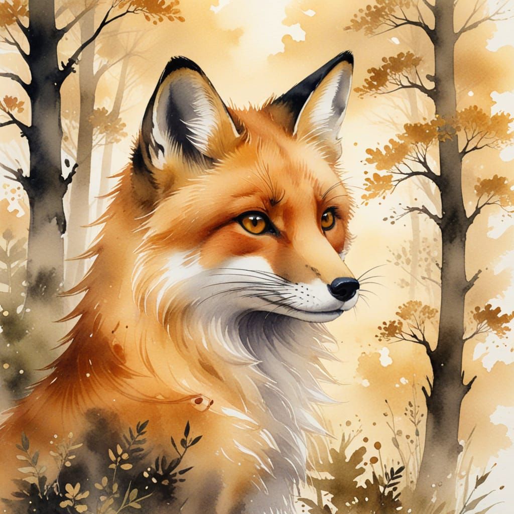Close-up Fox in Japanese Watercolor Style