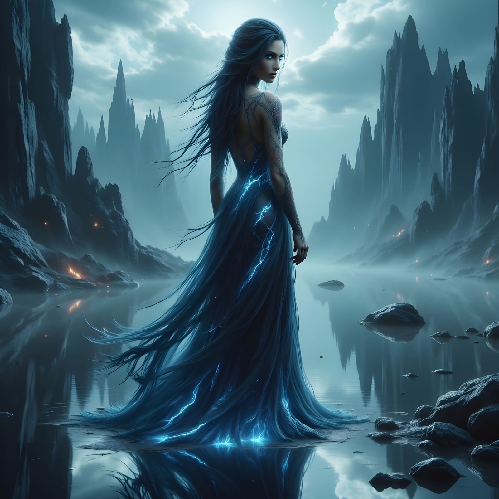 Ethereal Sorceress: Gliding on Shimmering Lake Waters