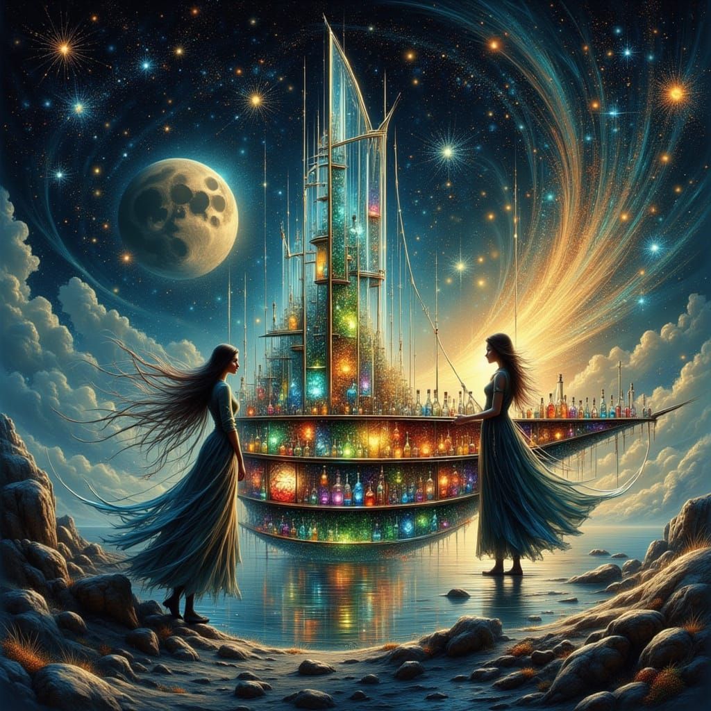 Ethereal Spaceship with Alchemist Silhouettes