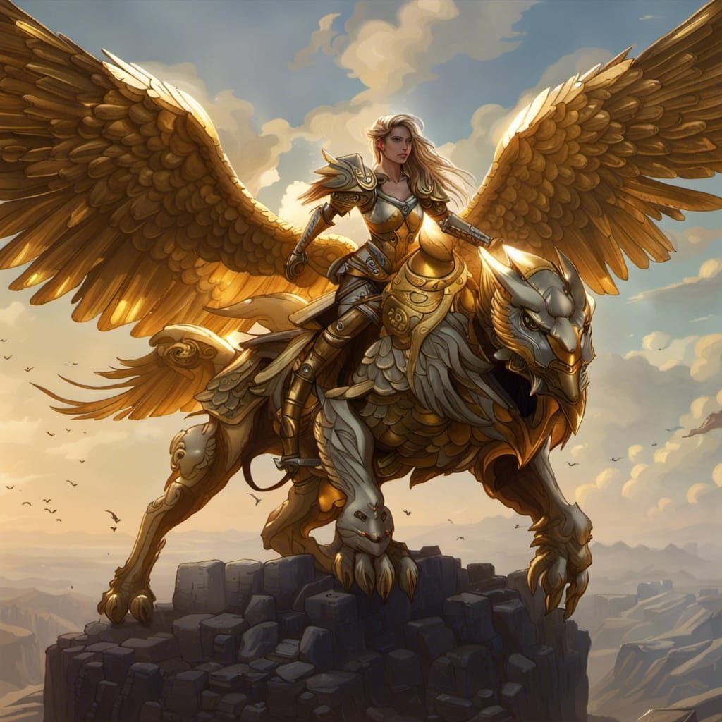 Armored Angel on Gryphon: Dark Fantasy Art