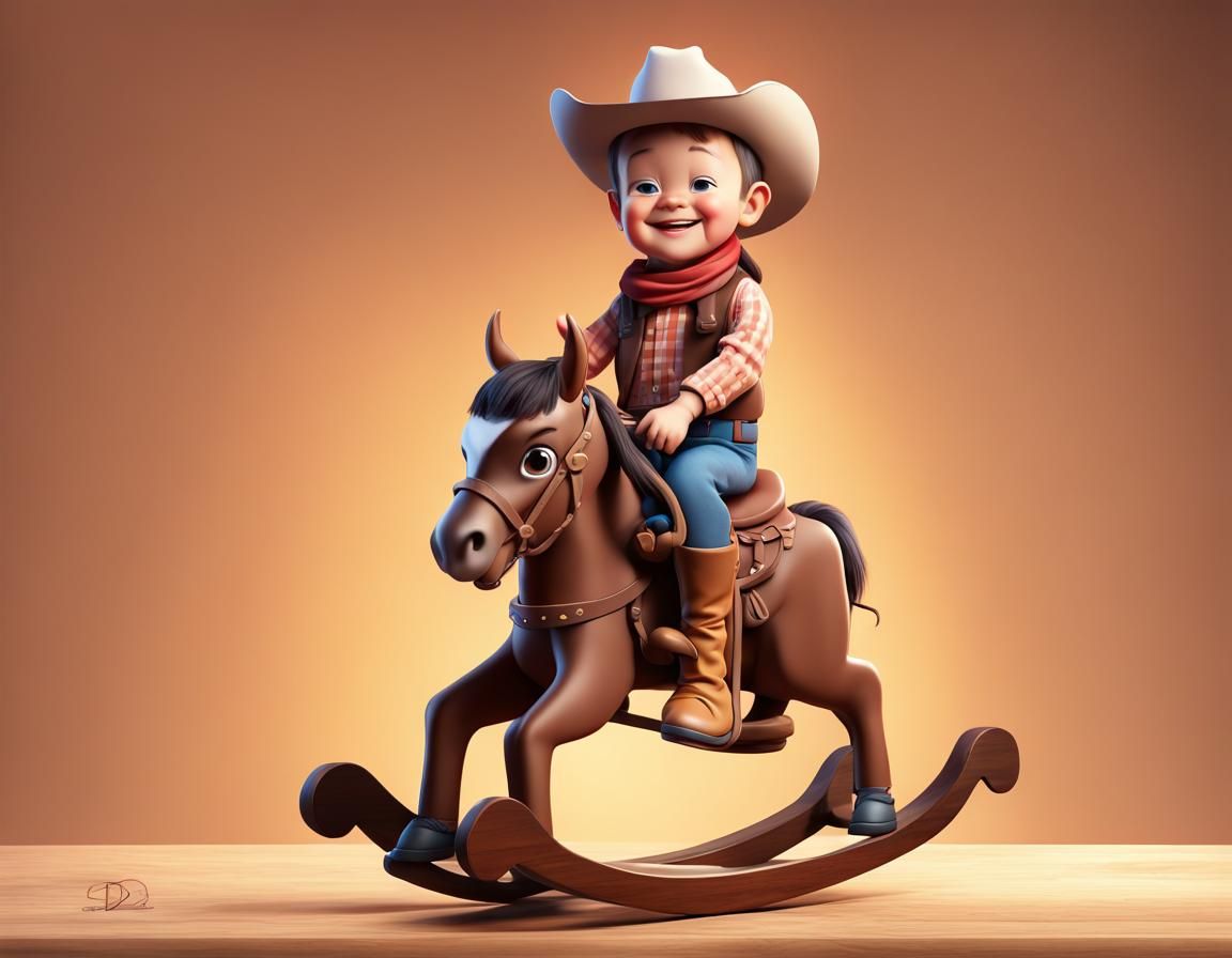 Toddler John Wayne on Rocking Horse, Pixar Style