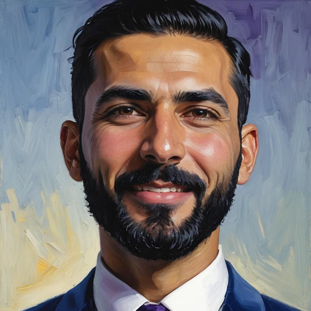 Happy Man in Blue Suit, Neo-Impressionist Oil Painting