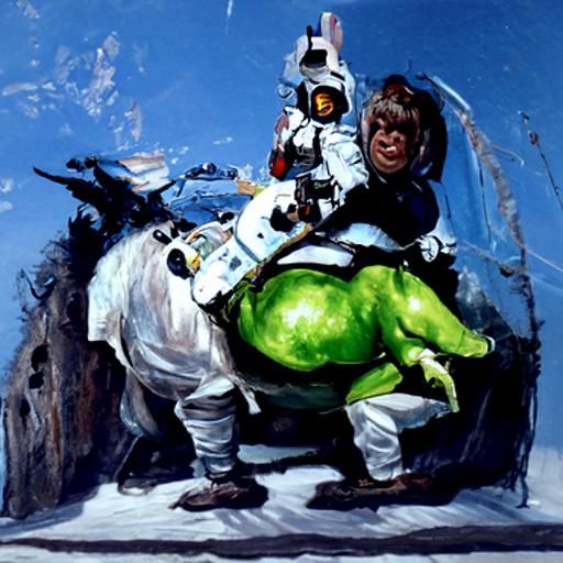 Shrek in Spacesuit Riding Donkey: Gurney-Style Oil Painting