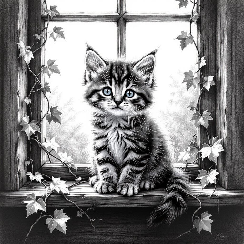 Kitten on Windowsill: Detailed Pencil Sketch
