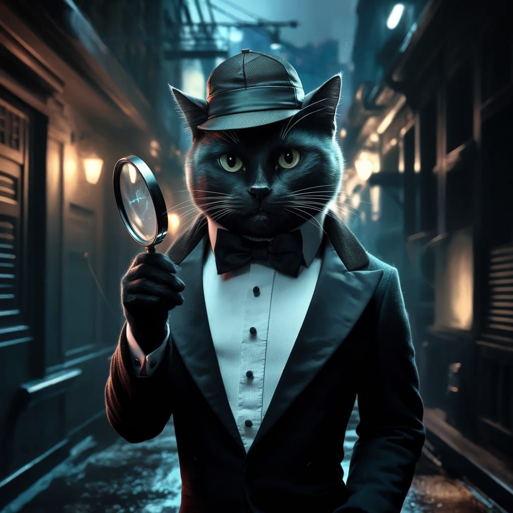 Noir Tuxedo Cat Detective in Dimly Lit Alley