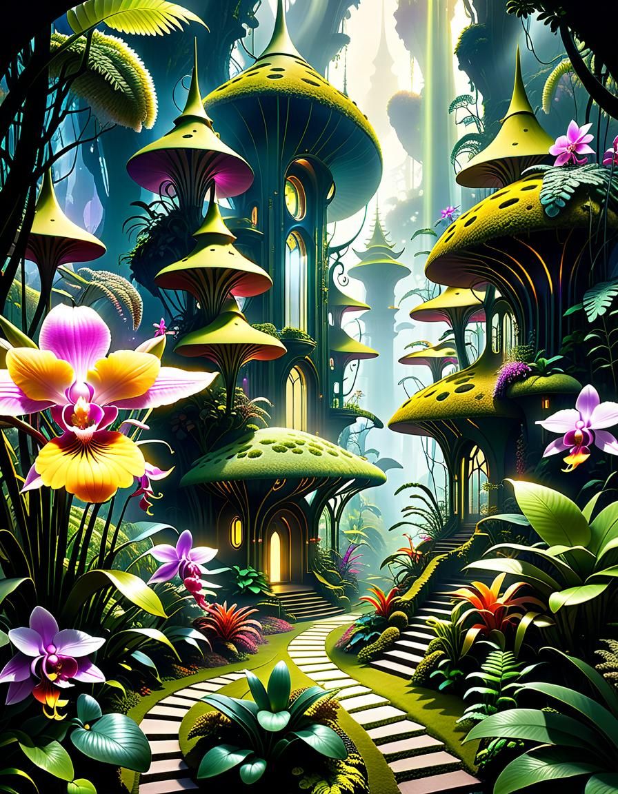 Fairytale Village in Solarpunk Style With Orchid Flowers