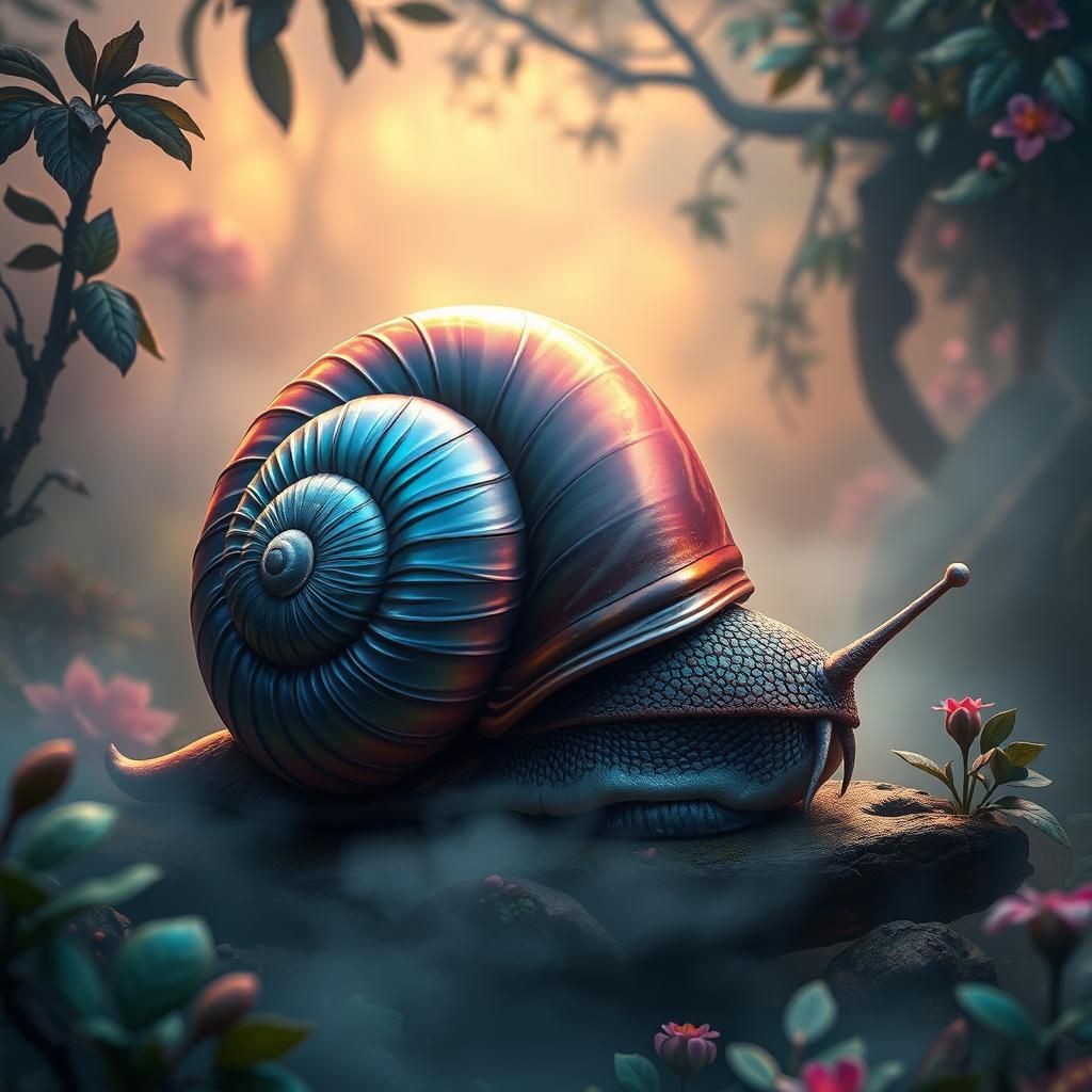 Iridescent Snail in Dreamlike Fantasy Landscape