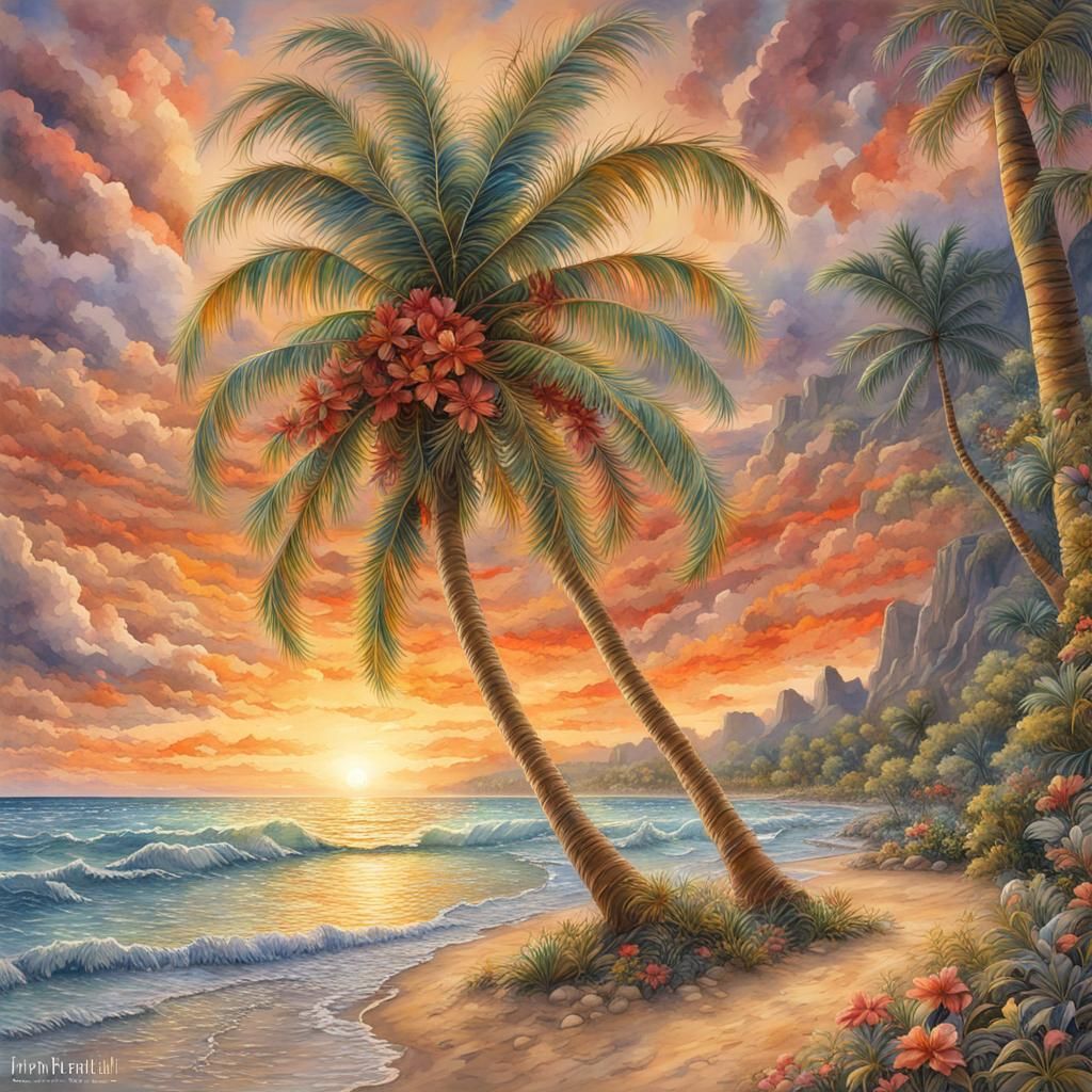 Christmas Palm Tree Sunset: Watercolor Fantasy Art