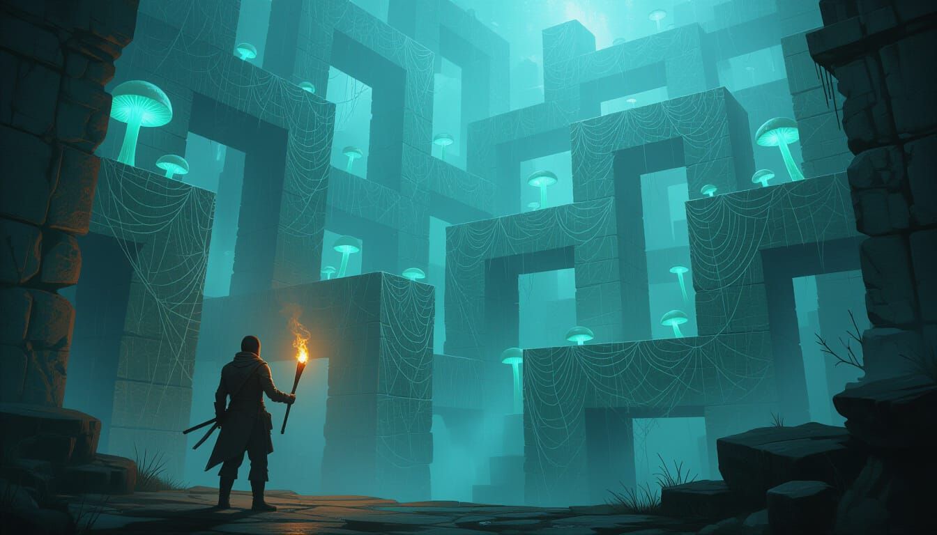 Explorer Lost in Giant Spiderweb Maze