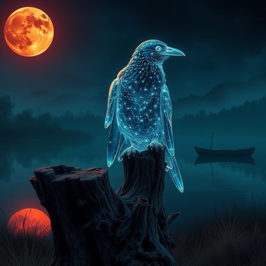 Bioluminescent Raven on Lake Under Blood Moon