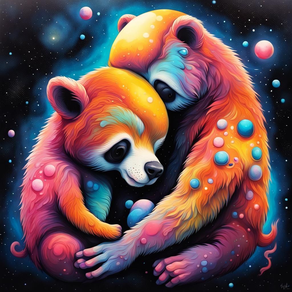 Cosmic Animals Cuddling in Space, Graffiti Art