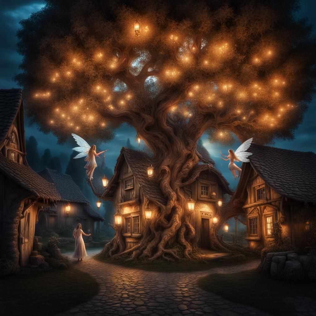 Magical Fairy Village with Luminescent Tree