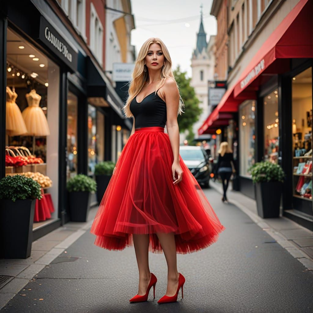 magic of long red tulle skirt.