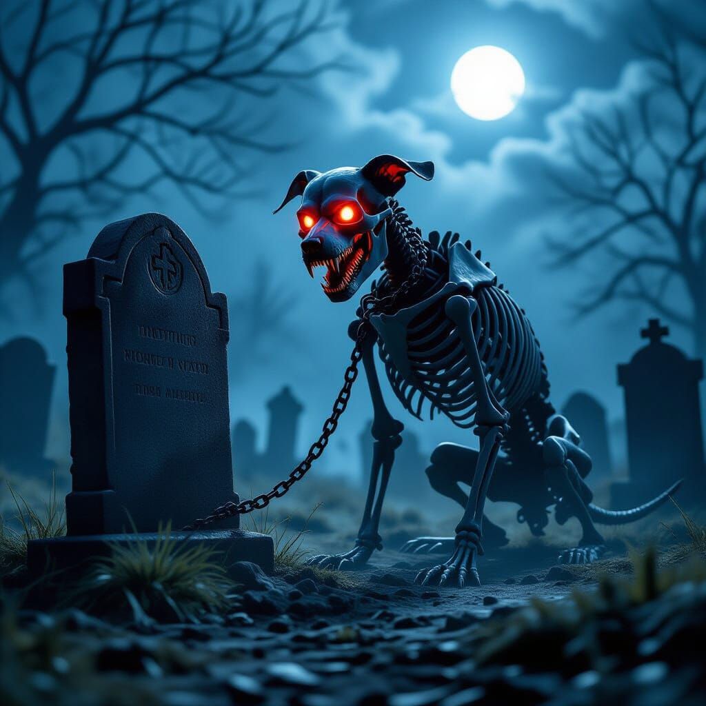 Skeletal Hellhound Guarding Tombstone in Eerie Midnight Grav...