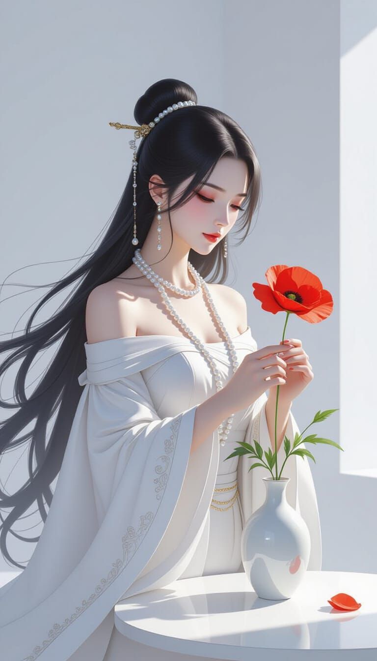Elegant Woman with Poppy Flower in Hyperrealistic Style