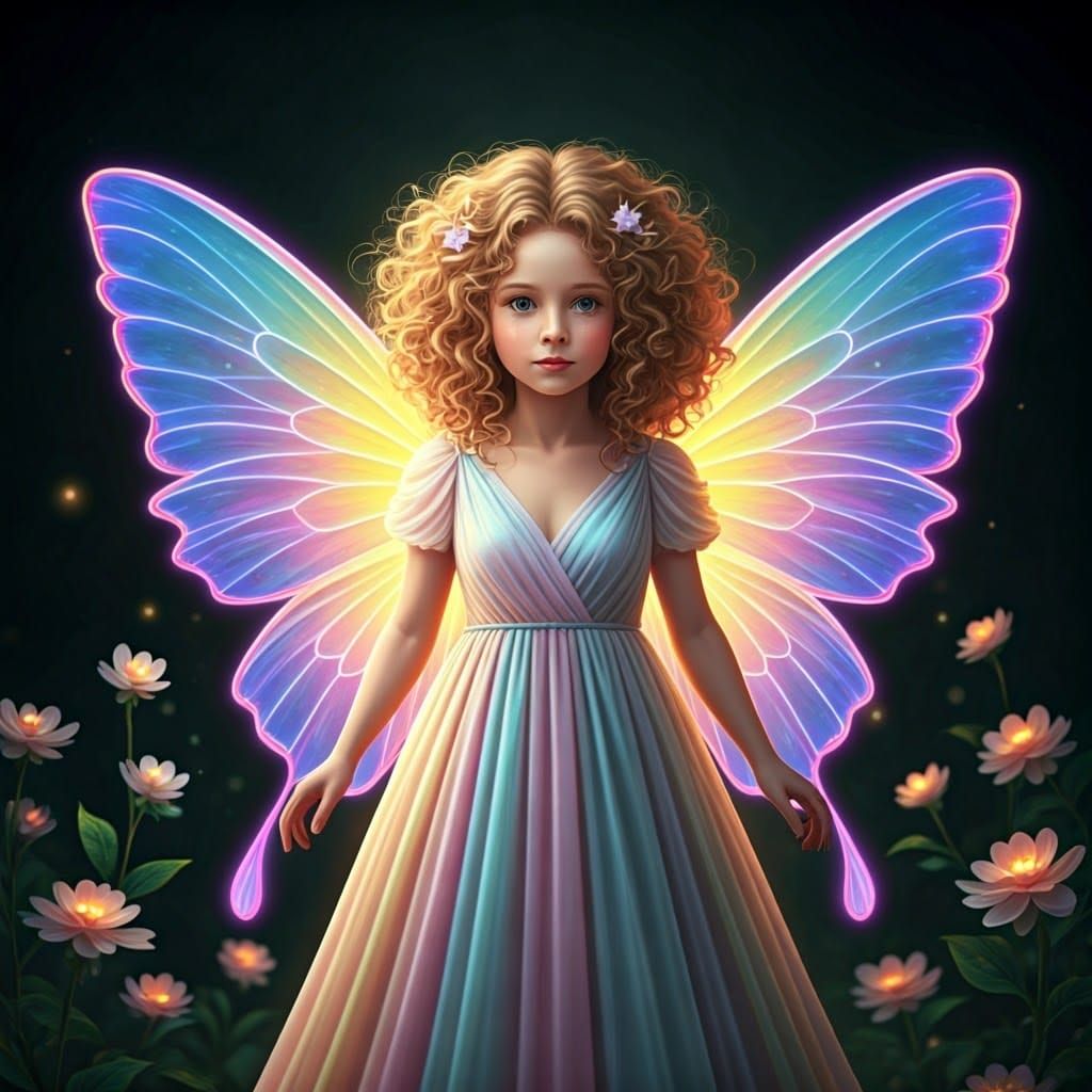 Neon-Winged Fairy in Pastel Gown, Digital Art