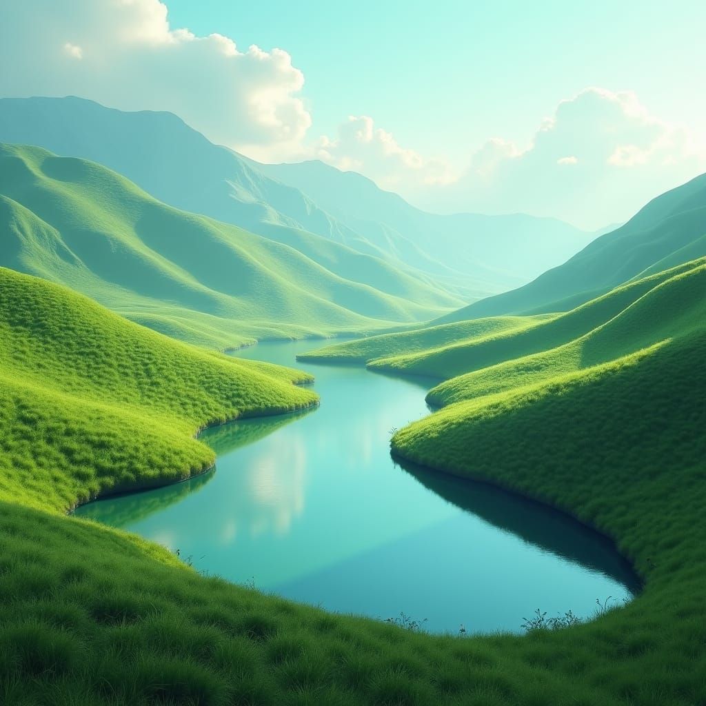 Emerald Lake Between Grassy Hills: Fantasy Landscape