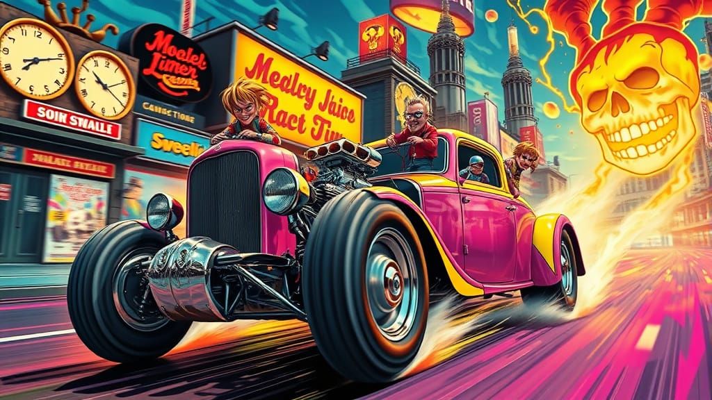 Psychedelic Hot Rod Speeds Through Surreal Cityscape in Pop-...