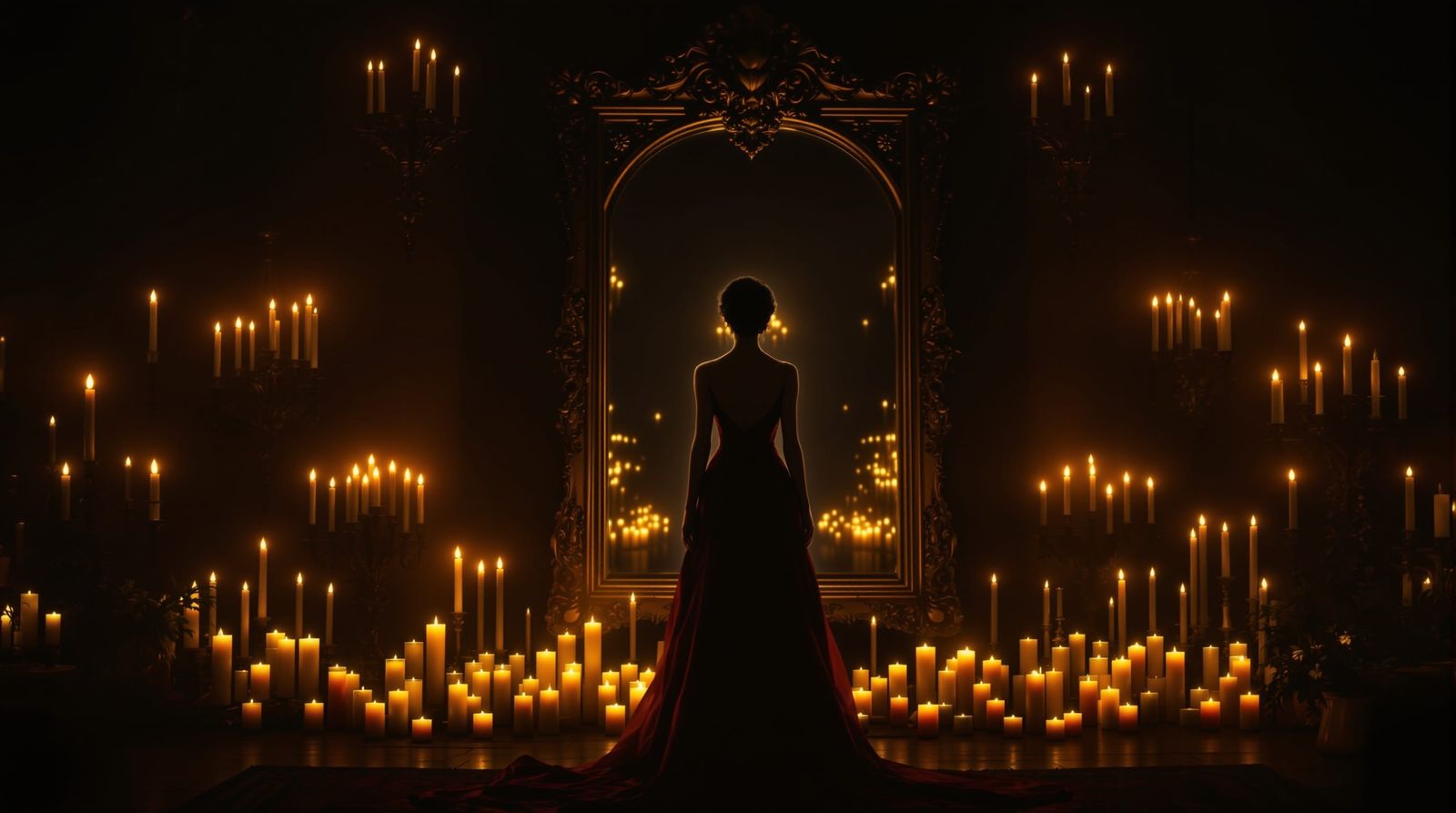 Candlelit Reflection: Woman Before Antique Mirror