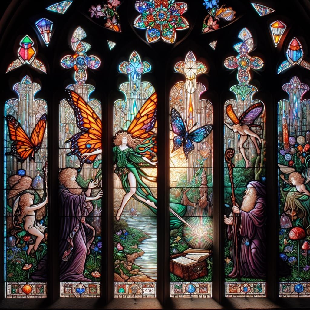 Stained Glass Window: Fairies and Wizards in Chapel