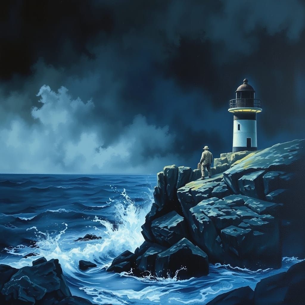 A solitary lighthouse keeper on a stormy, craggy coast, illu...