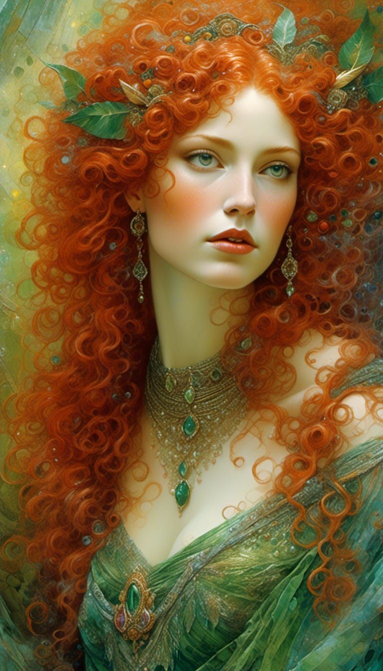 Horned Goddess in Green Dress with Roses