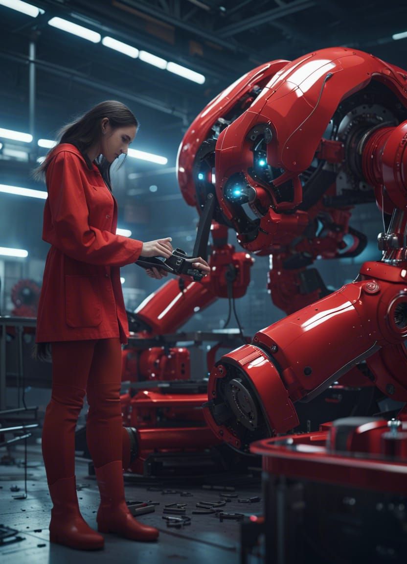 Futuristic Factory: Technician Repairs Giant Robot Arm