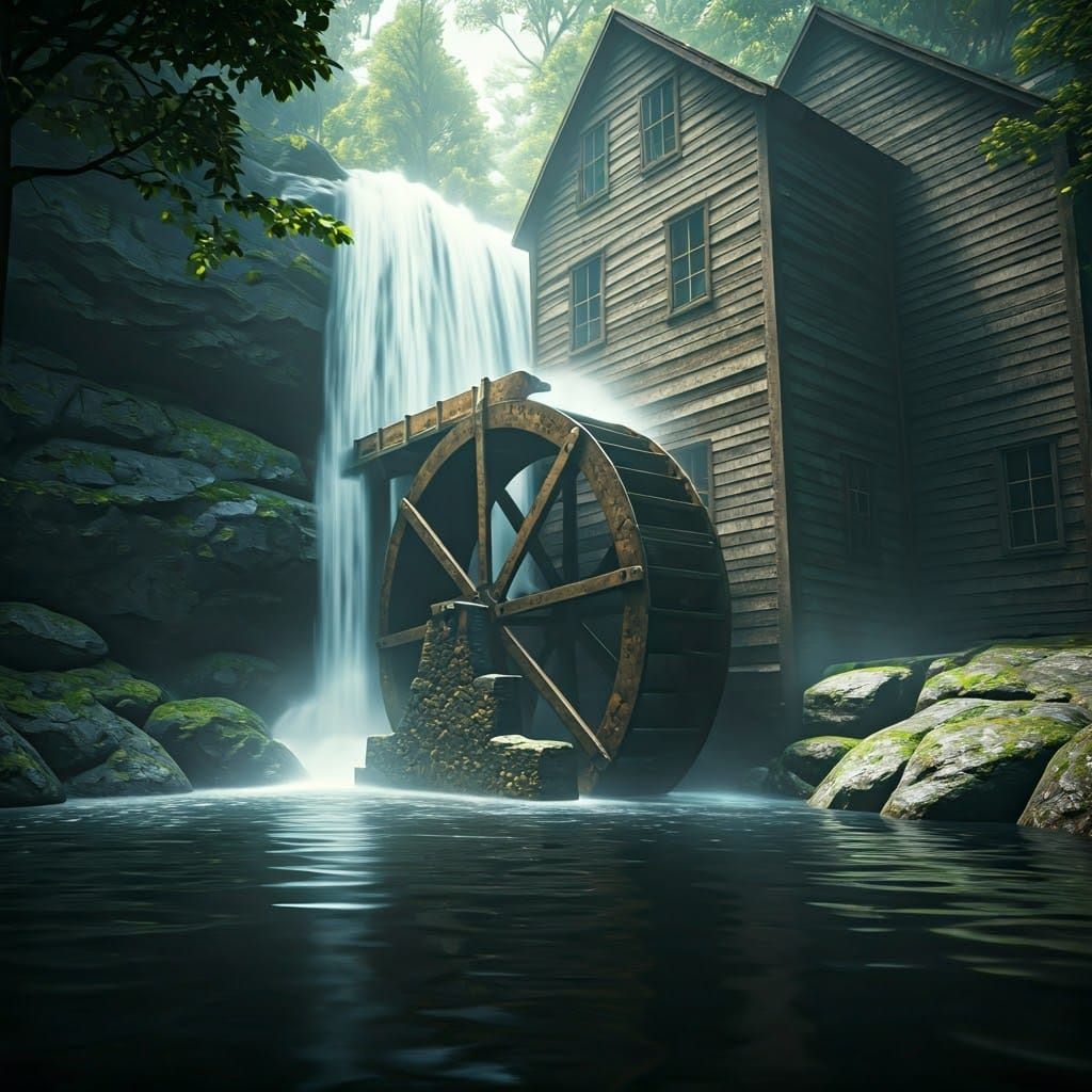 Watermill Under Waterfall in Hyperrealistic Detail