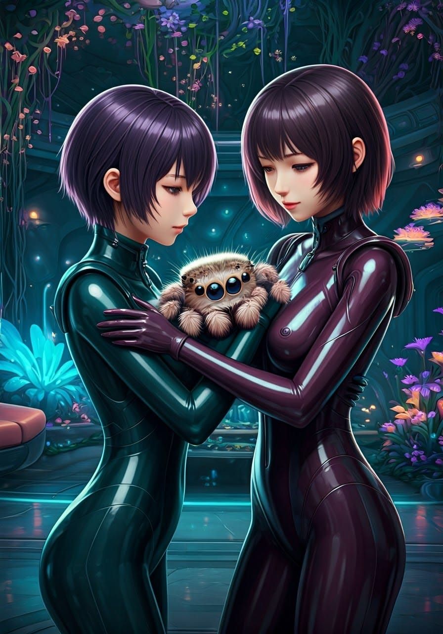 Sleek Women Adore Iridescent Spider in Futuristic Oasis