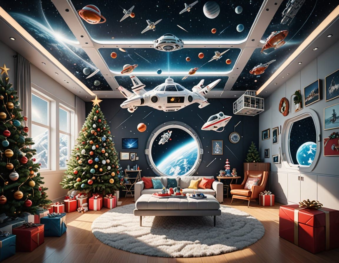 Cosmic Christmas Celebration in a Futuristic Space Home
