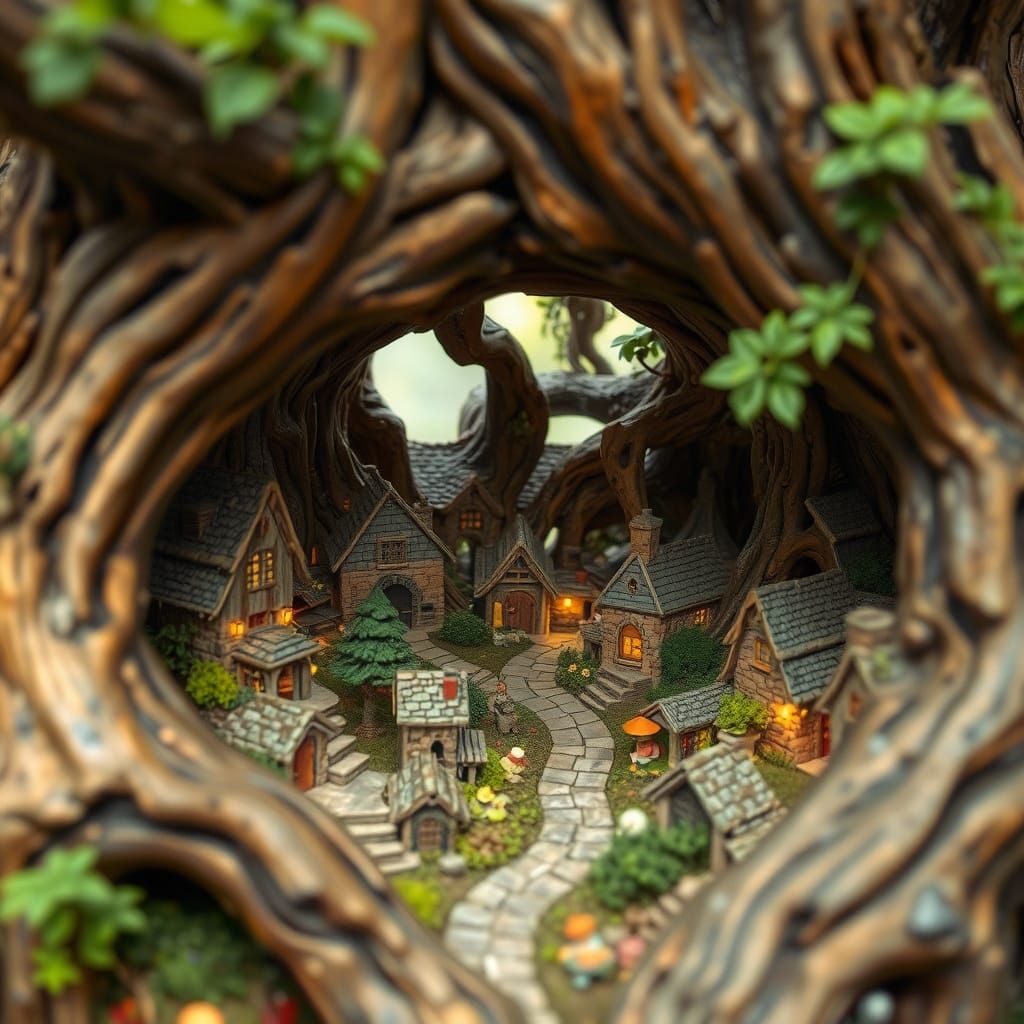 Miniature Village Carved in Ancient Tree Hollow