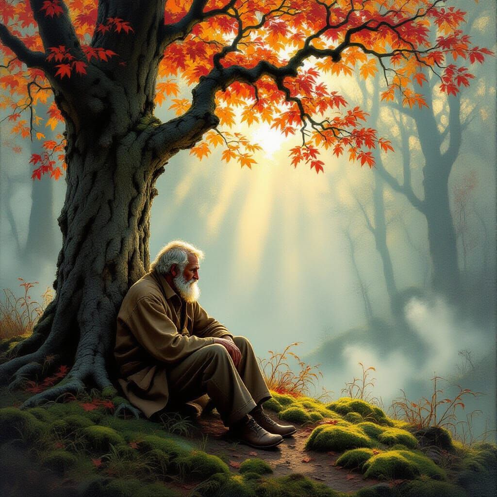 Old Man by Glowing Tree in Misty Forest Oil Painting