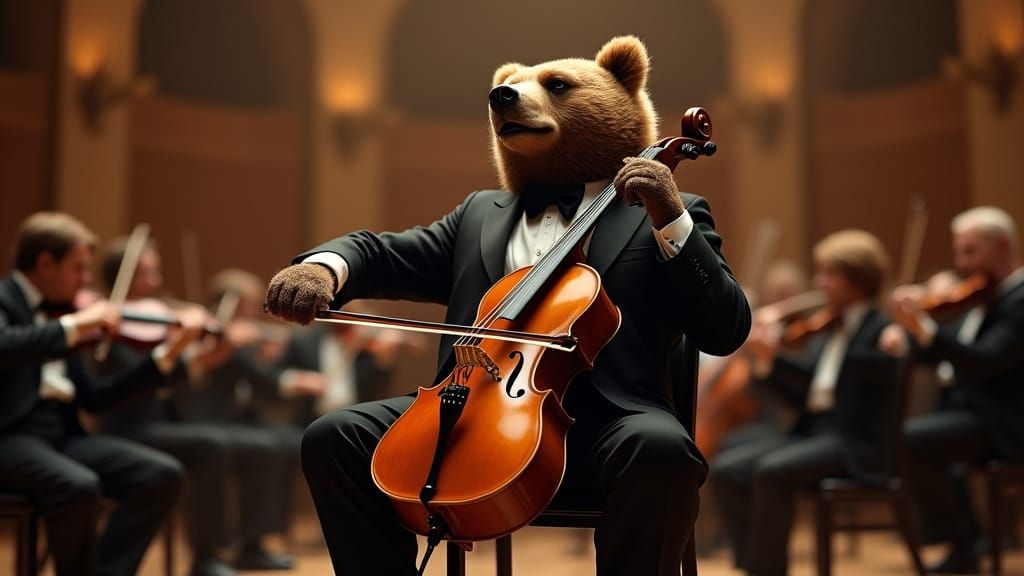 Formal Bear Maestro Conducts Orchestra in Concert Hall