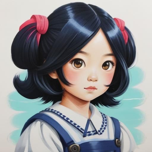 Cute Girl with Toy Hair: Gouache Painting