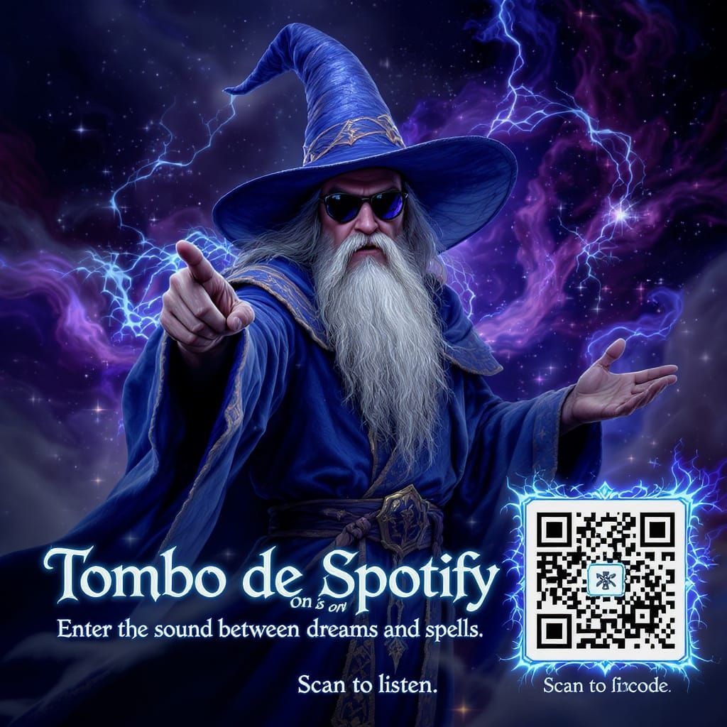 Charismatic Wizard with QR Code in Magical Scene