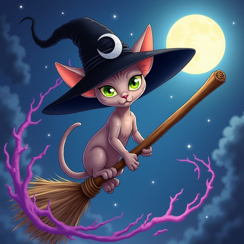 Anime Sphynx Cat Witch Rides Broomstick