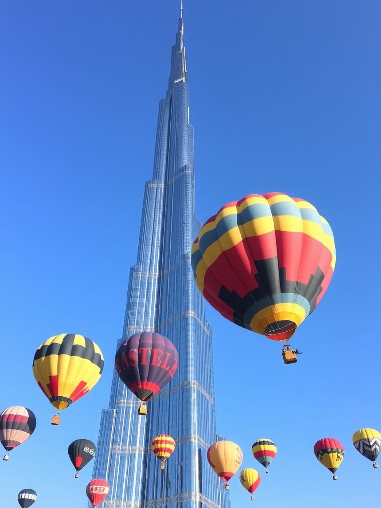 Vibrant Dubai Skyline with Colorful Balloons and Burj Khalif...