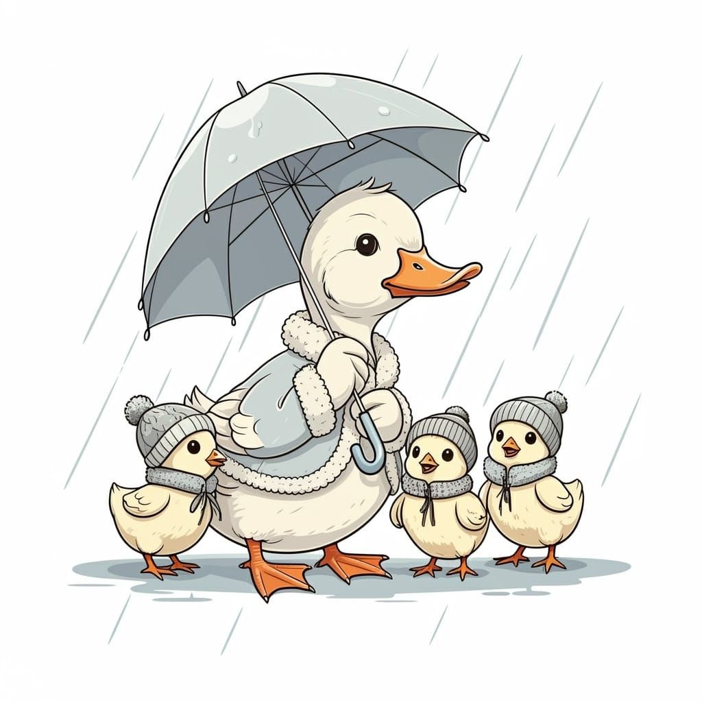 Joyful Duck Family Under Rainy Umbrella in Modern Comic Styl...