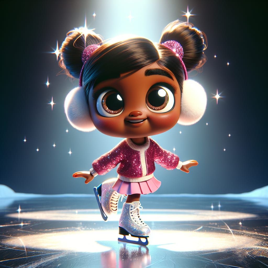 A Disney Pixar 3D style image of a cute little girl ice skating. She has dark brown skin, large expressive eyes, and her...