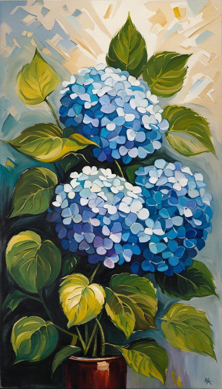 Vivid Hydrangea Impasto Painting with Abstract Elements