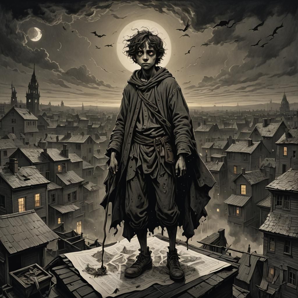 Eerie Rooftop Apparition in Gustave Doré Style