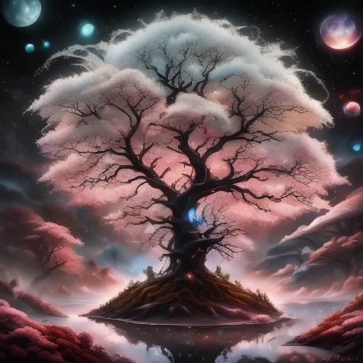 Surreal Glowing Tree Under Starry Sky in Dark Surrealism