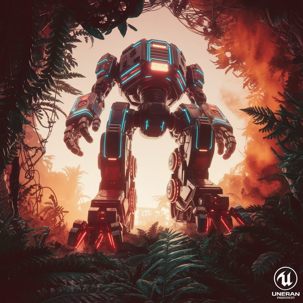 Towering Robot in Jungle, Digital Art Style