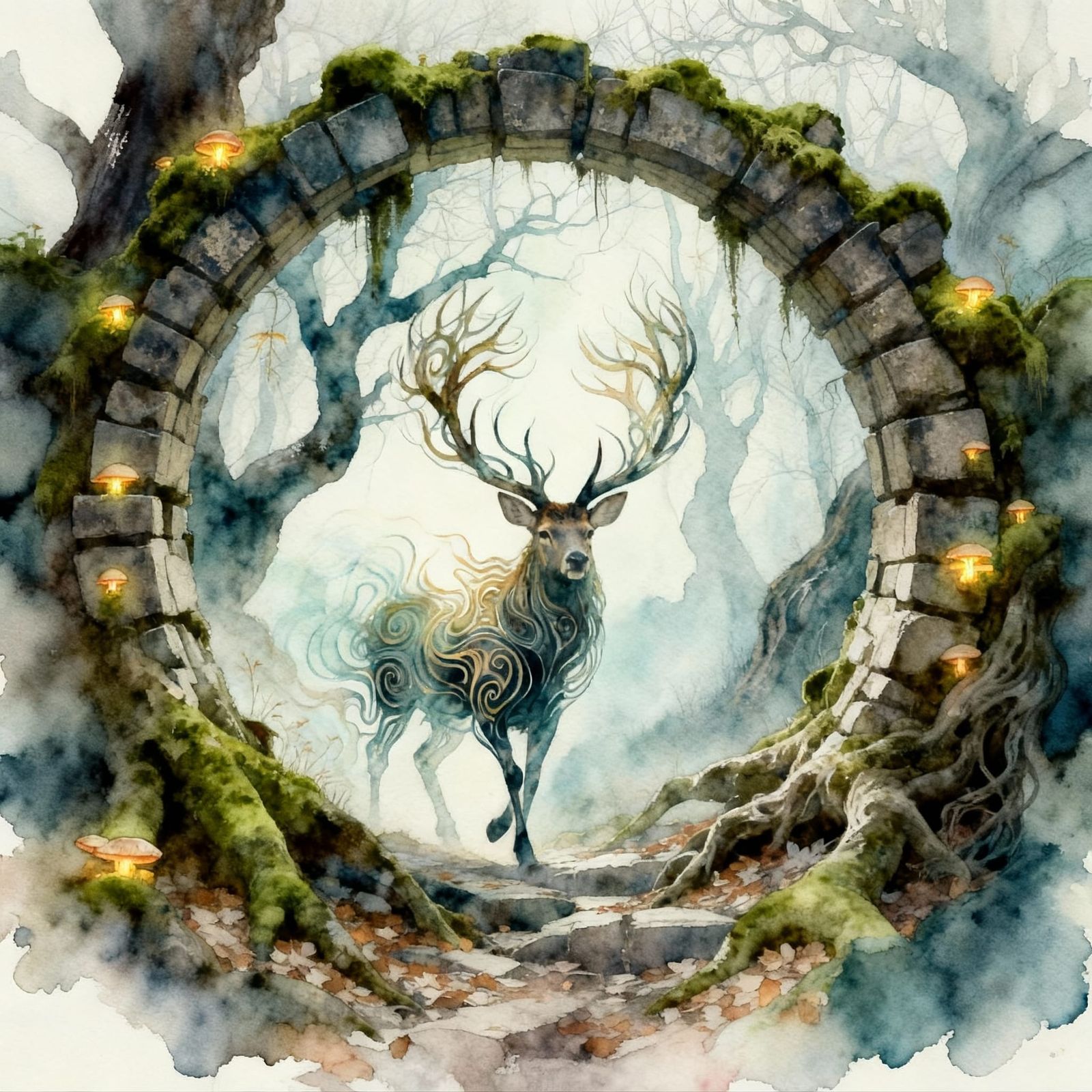 Mystical Forest Archway with Glowing Fungi and Stag