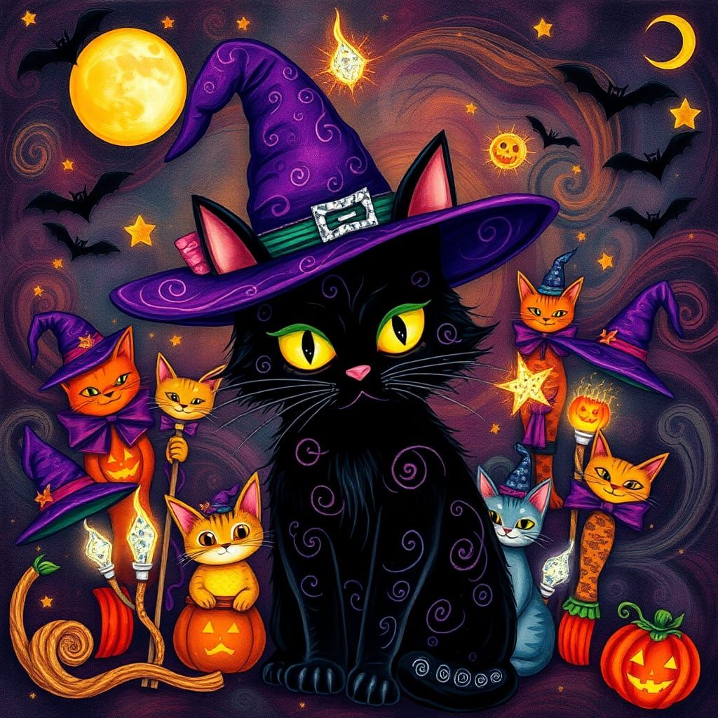 Whimsical Cats' Halloween Coven in Dreamlike Style