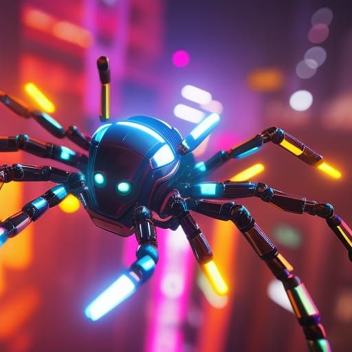 Cute Robot Spider with Signs in Cyberpunk Style