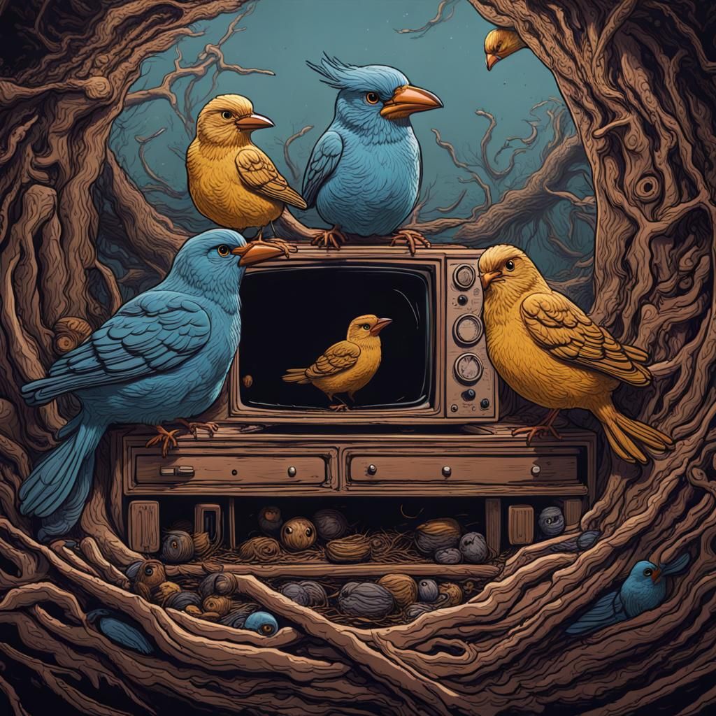Birds Watching TV: A Linocut Matte Painting