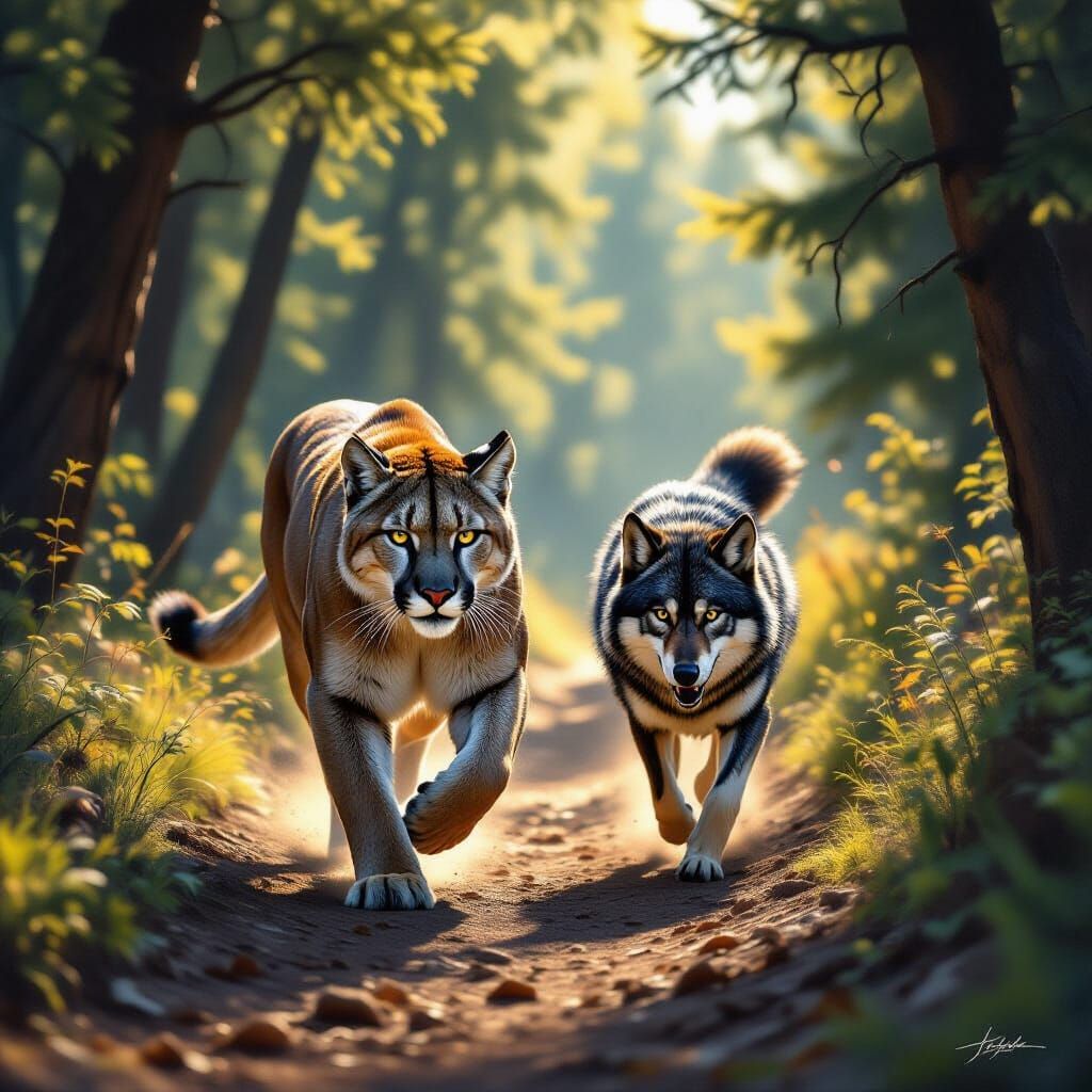 Mountain Lion and Wolf Run Down Forest Trail in Hyperrealist...