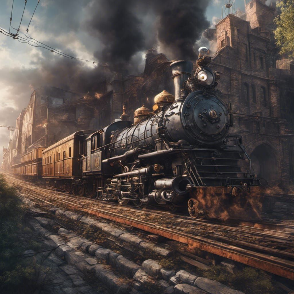 Detailed Locomotive on Bridge in Fantasy Style