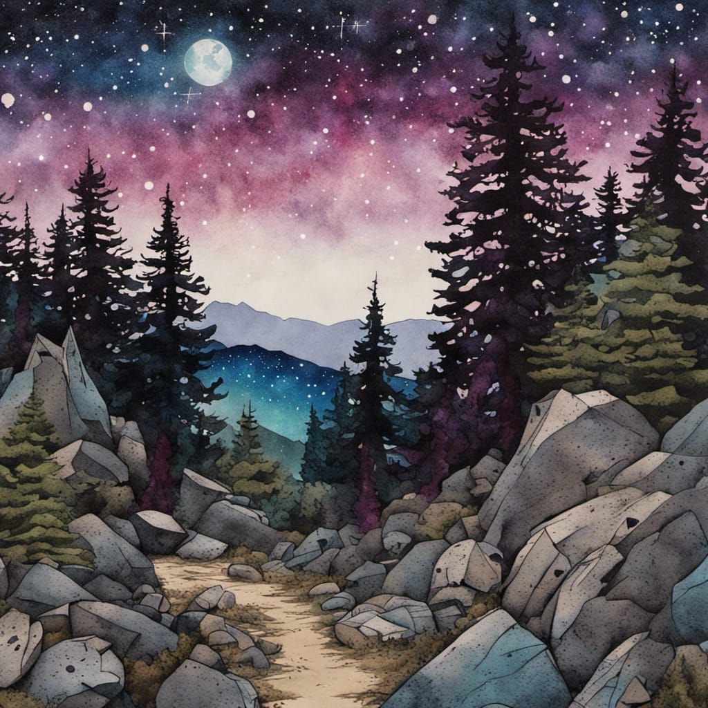 Starry Night Forest Trail in Collage Style